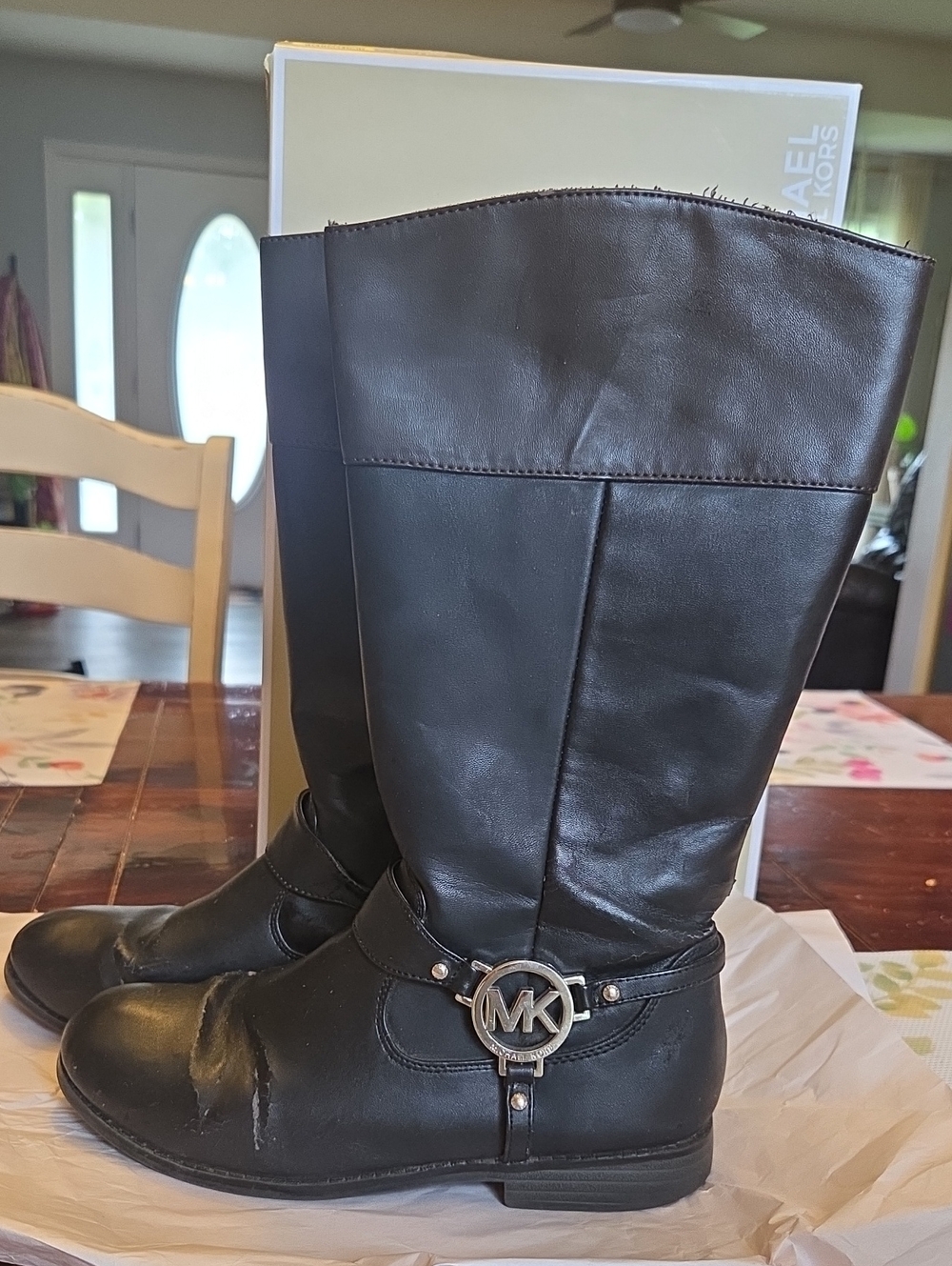 Michael Kors Black Girls Tall Leather Riding Boots with MK Emblem